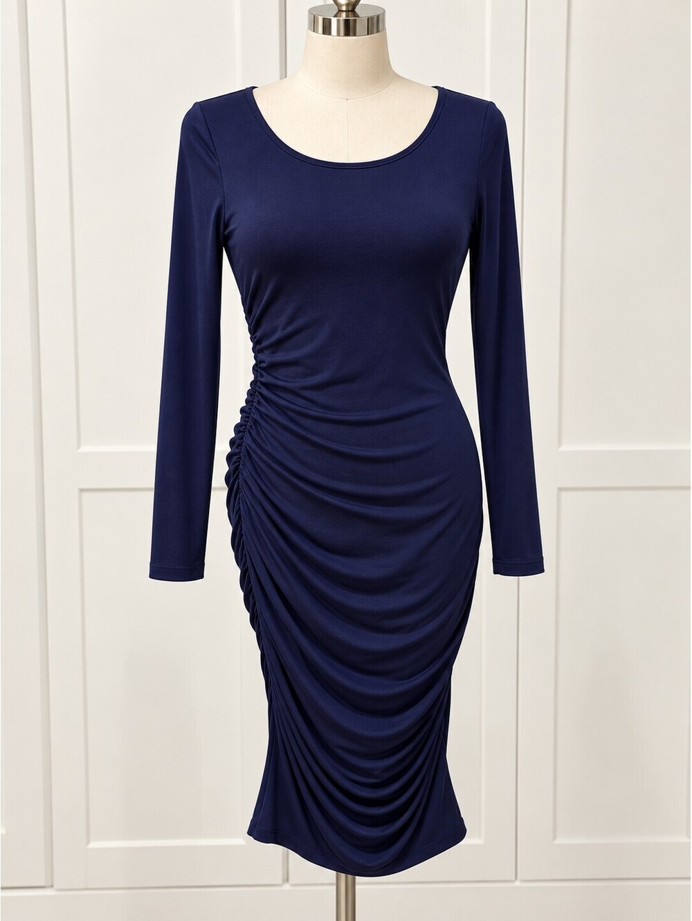 Navy Blue Ruched Long Sleeve Bodycon Midi Dress